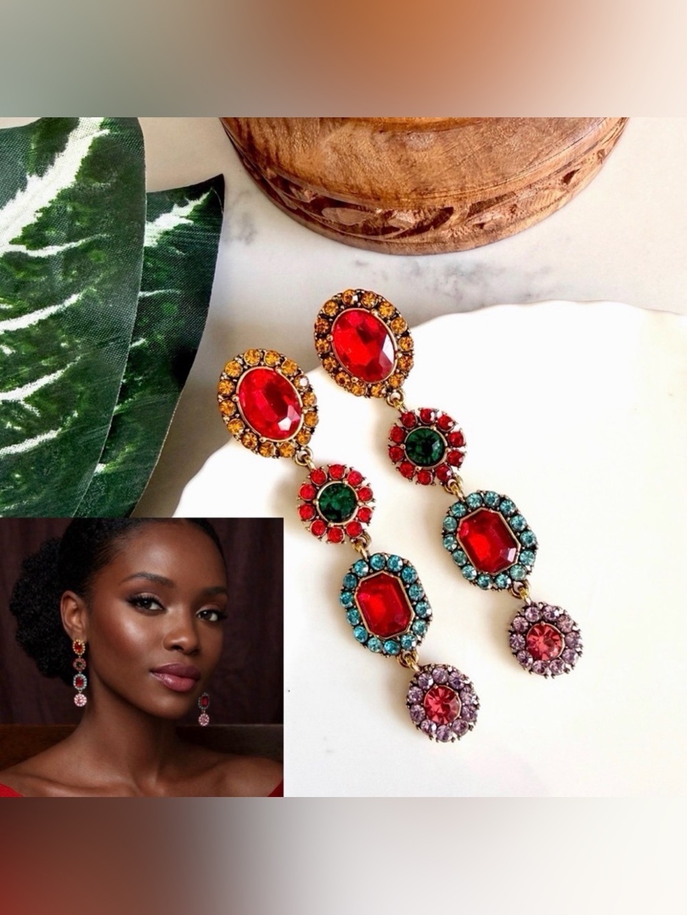 Multicolor Stone Drop Earrings Sparkle Rhinestone Gold Jewelry Vintage Style NEW